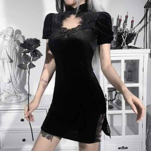 Gothic Vintage Black Velvet Slim Mini Dress Women Sexy High Waist Short Puff Sleeve Lace Patchwork Split Party Dresses