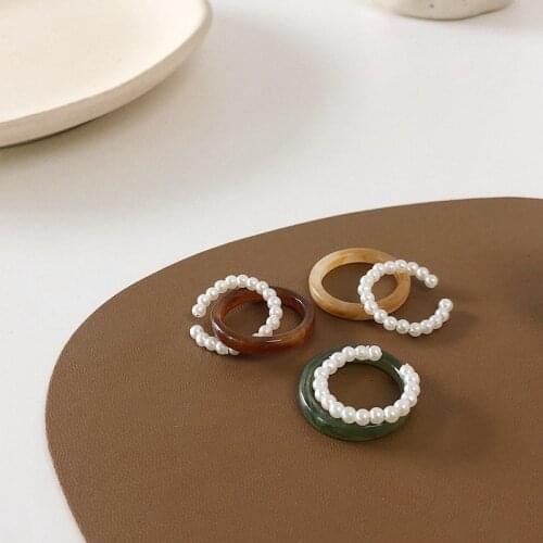 TIMEONLY Korean Fashion 2 Pieces/set Resin Imitation Pearls Rings Green Brown Cream Color Beads Ring for Women Charm Jewellery