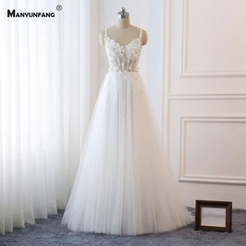 Romantic Sexy Spaghetti Straps Backless A-Line Wedding Dress 2021 New Arrival V-Neck 3D Flowers Lace Sleeveless Bridal Gown