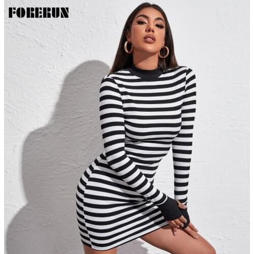 FORERUN Bodycon Dress Women Mock Collar Black and White Striped Sexy Slim Long Sleeve Mini Dresses Autumn Winter Robe Femme