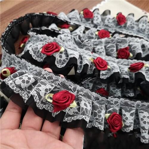 20Yards 3D Flowers Black White Lace Trim Pleated Ribbon Embroidered Polyester Voile Fabric DIY for Skirt Wedding Dress 5cm Width