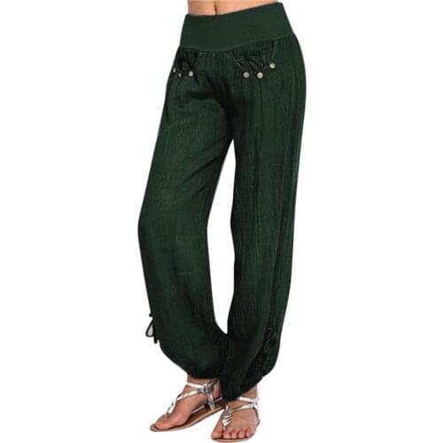 2021 Trendy Pants Fashion Women Solid Buttons Cotton And Linen Casual Loose Trouser Wide Leg Pants ppantalones de mujer