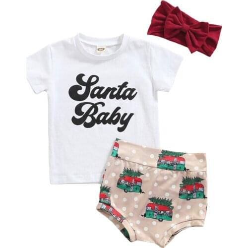 3Pcs Baby Girls Clothes Set Christmas Clothing Letter Print Short Sleeve O-neck T-shirt+Bus Print Shorts+Bow-knot Headband
