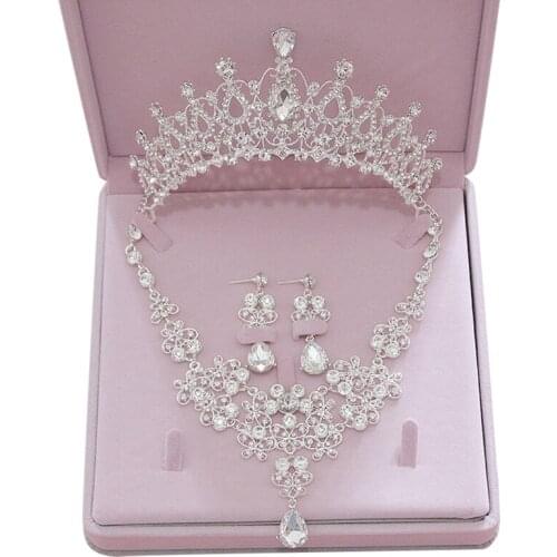 3Pcs Rhinestone Crystal Bridal Jewelry Sets Necklaces Earrings Tiaras Sets Beads Jewelry Sets Wedding Engagement Jewelry