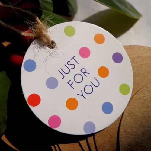 50pcs Round Colorful Dots Garment Tags Just For You Paper Gift Tags Party Wedding Gift Decorating Label Cards Hang Tags