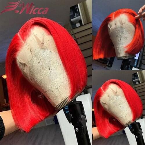 Red Short Bob Straight Lace Frontal Wigs 180 Density Brazilian Remy Lace Front Human Hair Wigs Colored Red Short Bob Wigs