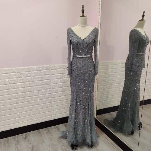 Elegant Gray Long Sleeve Evening Dresses Lace Crystals Sequined V Neck Tulle Mermaid Formal Women Party Gowns 2021
