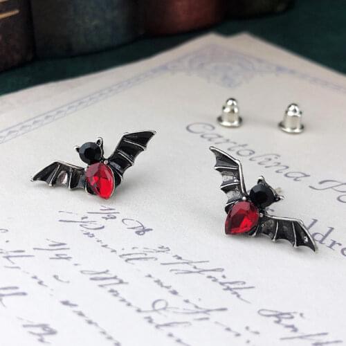 Gothic Bat Stud Earrings For Women Men Punk Red Crystal Ancient Silver Color Party Gift Wholesale Jewelry Free Shipping VGE013