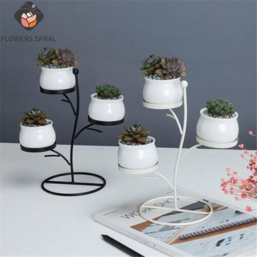 Nordic Ceramic Flower Pot Iron Frame Creative Succulent Flower Pot Home Garden Decoration Wearing Black And White Iron Frame Set
