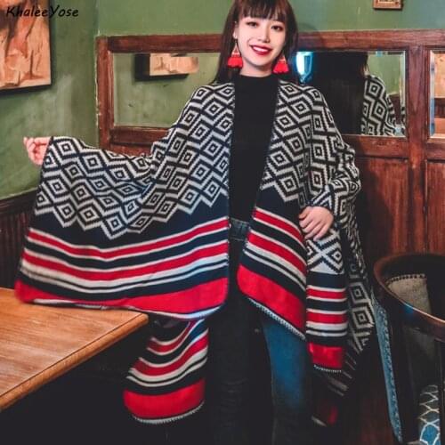 KHALEE YOSE Ethnic Vintage Chic Cloak Cardigan Autumn Winter Floral Boho Knited Cape Shawl Poncho Thick Warm Outwear 2021 New