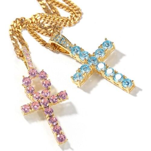 Iced out Ankh Cross Pendant Pink Blue 2 Colors AAA Zircon Pendant Necklace Men Women Hip Hop Jewelry