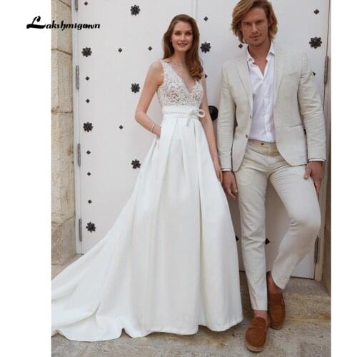 Lakshmigown A Line Boho Wedding Dress V Neck Elegant Satin Long Bridal Dress V-neck Wedding Gowns with Pockets vestido de novia