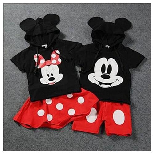 Summer Disney Princess cotton Childrens T-shirt +short pants girl boy Mickey mouse Short sleeve kid minnie Set baby clothes