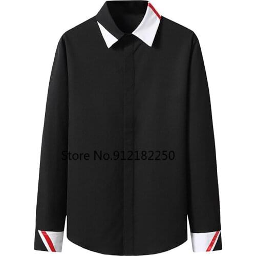 Black Slim Fit Long Sleeve Patchwork Shirt Men 2021 Autumn New Casual Button Up Shirt Mens Business Work Tuxedo Dress Shirts XXL