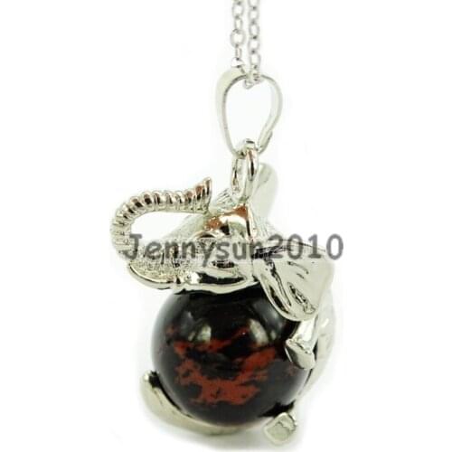 Natural Mahagony Gems Stone Round Ball Chakra Healing Elephant Pendant Necklace Beads Healing Jewelry Design 10Pcs/Pack