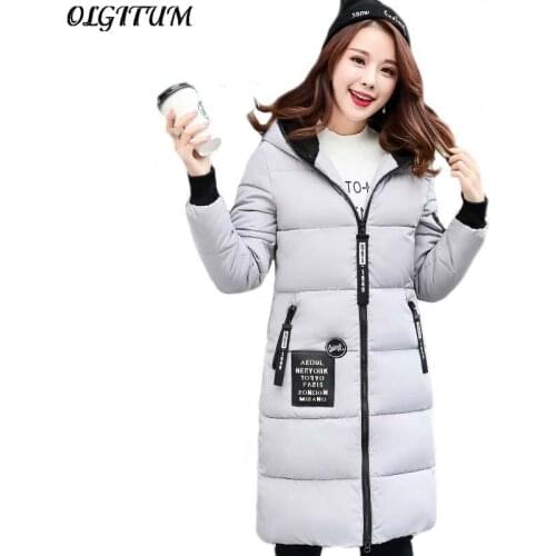 OLGITUM hot sale! 2019 Winter New Fashion Long Coat Slim Hooded Warm Jacket Cotton Padded Zipper Plus Size Outwear