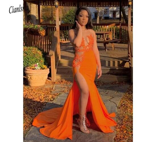 Orange Illusion O-Neck High Split African Long Mermaid Evening Dress Sleeveless Appliques Lace Formal Evening Party Gown