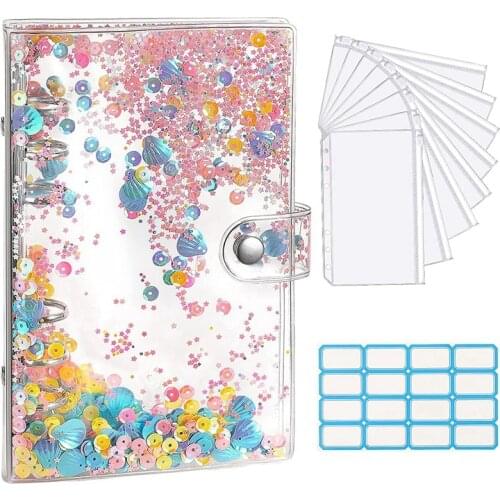 A6 Budget Binder Cover With Sequins,Clear PVC Notebook Binder Refillable Binder Cover With Binder Envelope Pockets