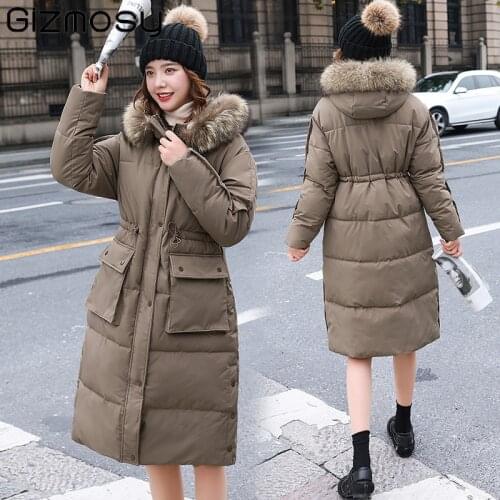 Gizmosy Casual Loose Hooded Parkas Women Fashion Solid Thick Long Coat Female Elegant Slim Cotton Jacket Faux Fur Collar Outwear