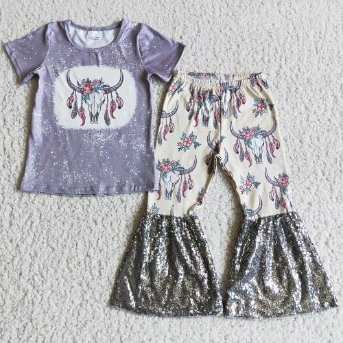 Hot Sale Baby Girls Designer Clothes Short Sleeve Bell Bottom Pants Sequins Boutique Kids Clothing Sets Cow Print Fall Outfits
