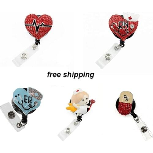 Mixed Medical RN Heart Shape Rhinestone Hospital Retractable Reel/Id Badge Name Holder