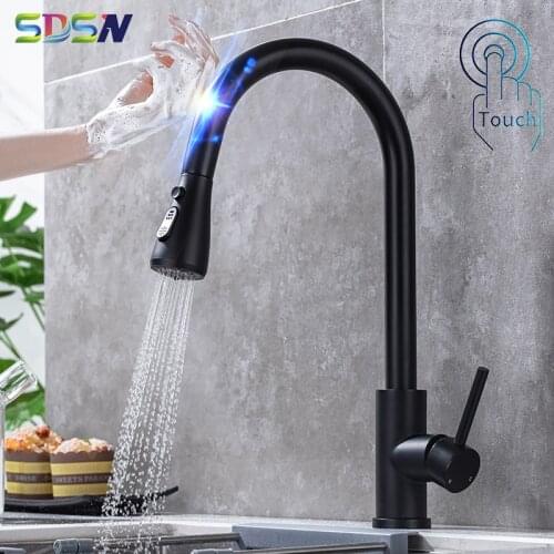 SDSN Touch Kitchen Faucets with Pull Down Sprayer Hot Cold Kitchen Mixer Tap Matte Black Smart Sensor Touch Kitchen Mixer Faucet