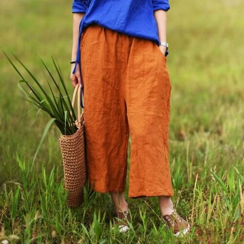 Johnature 2020 Spring Women Linen Wide Leg Pants Elastic Waist Loose New Pockets Plus Size Women Orange Gray Vintage Trouser