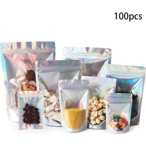 100pcs Holographic Rainbow Color Ziplock Bags Candy Snack Biscuits Jewelry Cosmetics Gift Packaging Foil Translucent Storage Bag
