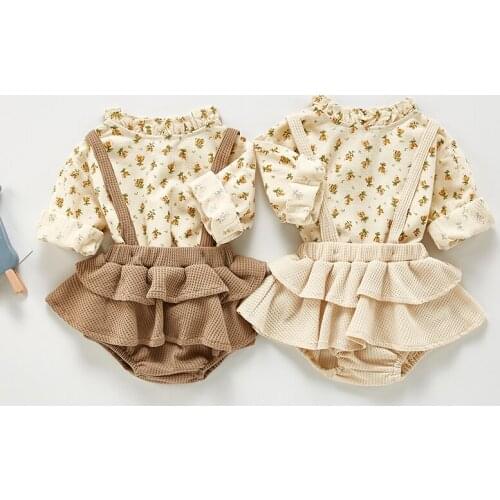 2Pcs Vintage Toddler Girls Clothes Sets Spring Cotton Girls Floral Blouses Tops Romper Dresses for Newborn Girls Clothes Outfits