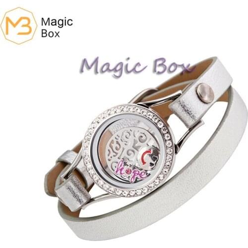 25mm Waterproof floating charms bracelet stainless steel bracelet double wrap leather bracelet crystal locket bracelet