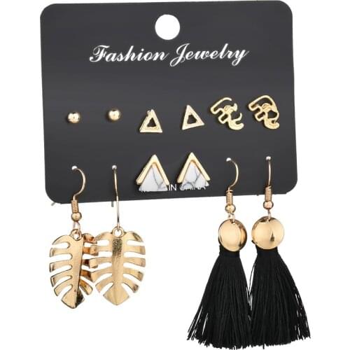 6Pair/Set Stylish Triangular Long Tassel Stud Earrings For Women Bohemian Hanging Earrings Set Irregular Jewelry Bijoux Gift