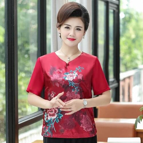XL-5XL Blusas Femininas New Middle Age Women V-Neck Floral Blouse Tops Casual Fashion OL Short Sleeve Shirt Blouses 3 Colors