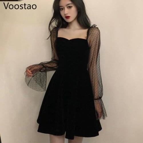 Black Gothic Vintage Dress Women Sexy Elegant Mesh Patchwork Puff Sleeve Vestidos Girl Square Collar Evening Party Mini Dresses
