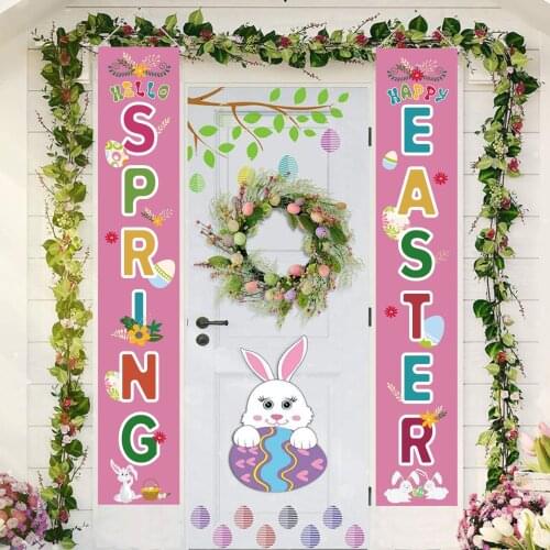 CYUAN 2021 Happy Easter Banner Porch Door Decor Easter Decorations For Home Outdoor Holiday Decor Hanging Flags Easter Party