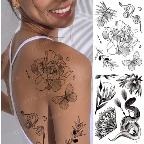 Sketch Peony Flowers Collection Temporary Tattoo Stickers Henna Tattoo Set Translations For Children Women Men Art Tribal Tattoo