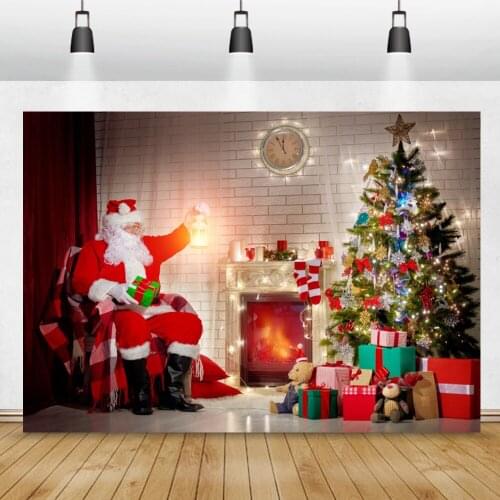 Santa Claus Shiny Christmas Tree Gifts Fireplace Child Shoot New Year Party Photozone Photo Backdrop Photography Background