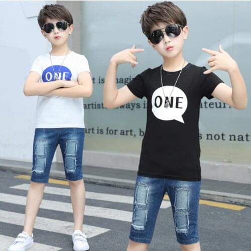 2 Pieces Summer Boys Girls Clothing Set Cartoon Children Cotton Short Sleeve T-shirt Jeans Shorts Kids Clothes Sport Outfits