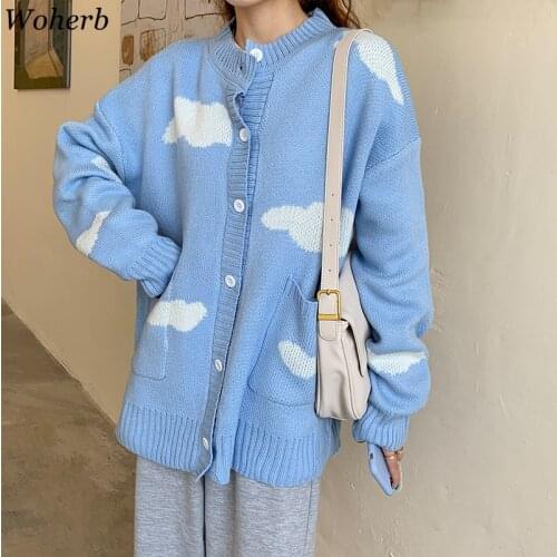 Woherb Japanese Kawaii Harajuku Cardigan Women Cloud Print Korean Loose Blue Sweater Coat All Match Knitted Cardigans Jumper
