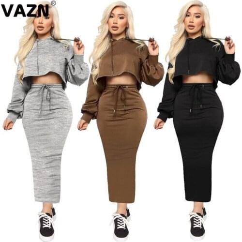 VAZN Solid Sepcial 2020 Top Pant Matching Sets Sexy Club Birthday Outfits Hooded Sexy Night Club Fashion Women 2 Piece Set