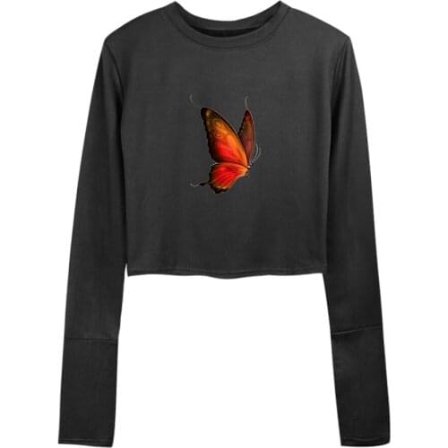 Summer Two-piece Suits Women Butterfly Printed Girls Crop Tops Cotton Fashion Graphic T-shirt Cotton Pant Set Long Sleeve Shirts