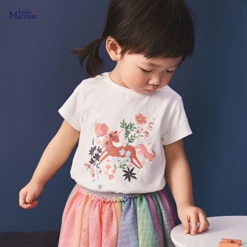 Little maven children 2021 summer baby boy tops kids summer 2-7 years clothes flower unicorn print brand cotton t shirt 51858