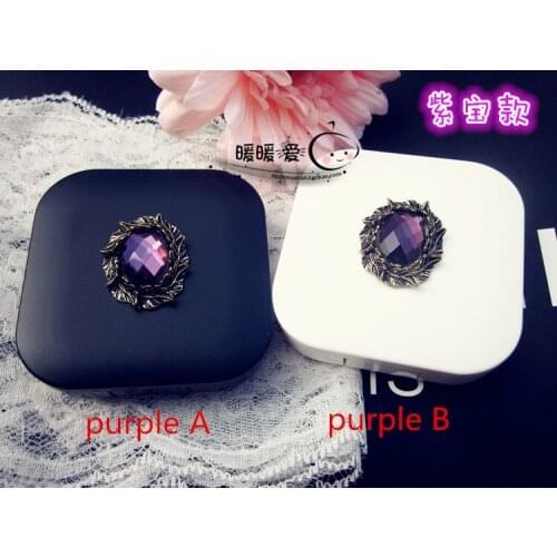 LIUSVENTINA Handmade DIY Cute Alloy Olive Leaf Purple Gemstone Contact Lens Case With Mirror Box Container for Color Lenses
