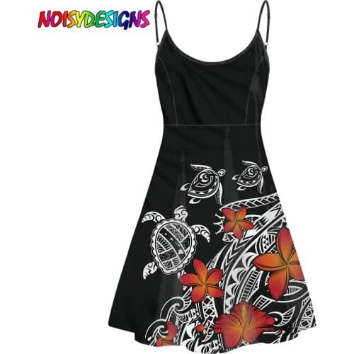 NOISYDESIGNS Women Dress Summer Polinesian Turtle Hibiscus Design Black Short Dress Elegant Strap Dress Beach Party Vestido 2021