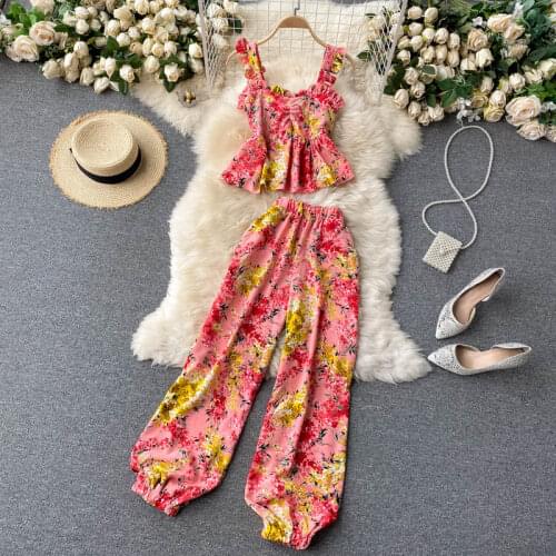 New Women Bohemian Cotton silk Two Piece Sets Summer Floral Printed Sexy Shirts and Pants Outfits Woman Beach Suits Clothing