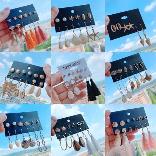 New Boho Pairs Mix Design Shaped Fringe Shell Fish Earrings Set for Women Bohemia Starfish Heart Circles Ear Stud Cuff Earrings