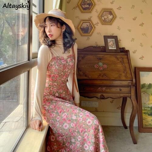 Sleeveless Dress Women Floral Vintage High Waist Slim Ulzzang Design Sweet Mujer Fashion Side-slit Sexy Beach Dance Holiday Ins