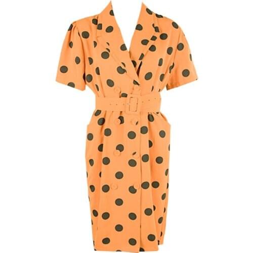 PERHAPS U Orange White Green Polka Dot Turn Down Collar Short Sleeve Dress Double-breasted Pocket Sash Summer D1547