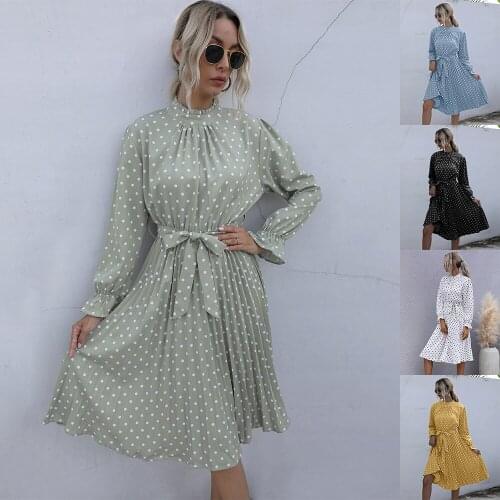 Urban Dress Woman Slim Fit Dresses Long Skirts Pleat Sleeve Autumn Zevity Office Lady Vintage Trumpet Wave Point Lace Up Womens