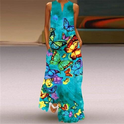#Q4 Butterfly Print Long Dress Women Sleeveless V-neck Maxi Dress Summer Party Tank Dress With Pockets Vestido De Verao