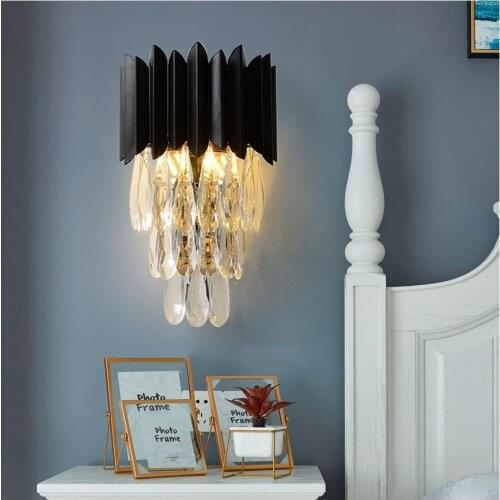 Luxury crystal wall lamp living room bedroom bedside wall light black metal sconce